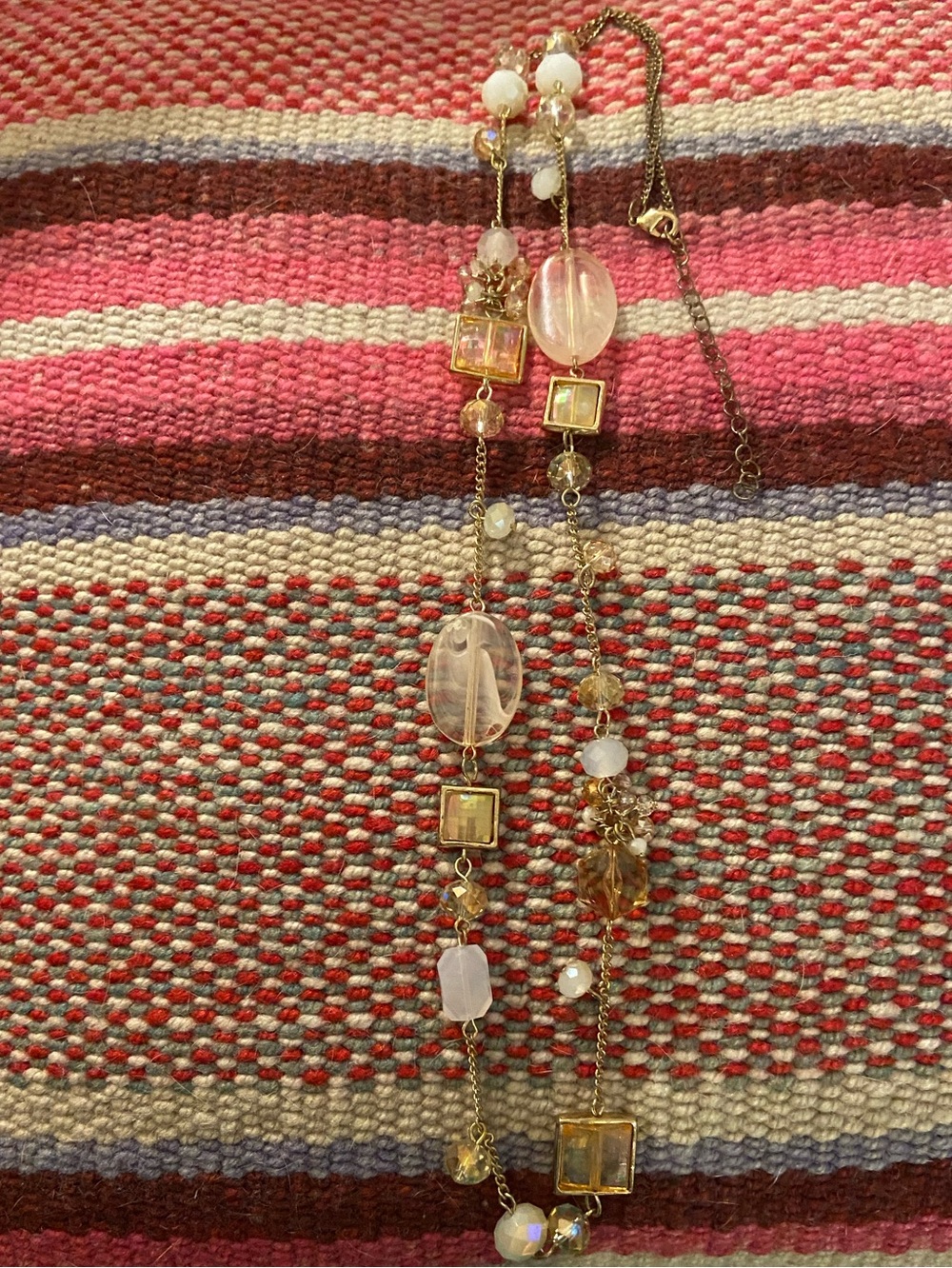 Source Unknown Gold-Toned Beaded Necklace with Pink and Clear Stones